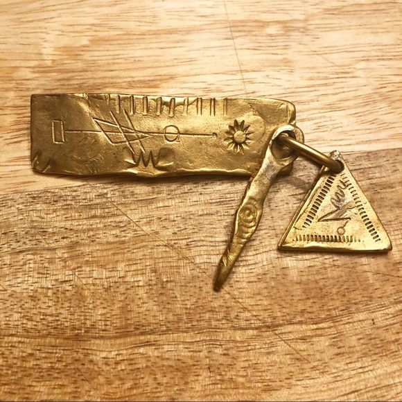 Gold Tone Solid Metal Rectangular Brooch Pin Boho - Picture 1 of 10
